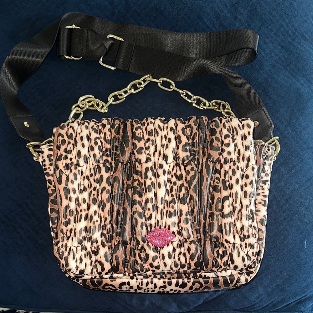 Betsey Johnson Leopard Shoulder Bag with Pink Lip Accent